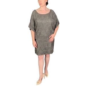 PISARRO NIGHTS BEADED SILK COLD SHOULDER GRAY SILVER COCKTAIL PARTY DRESS
